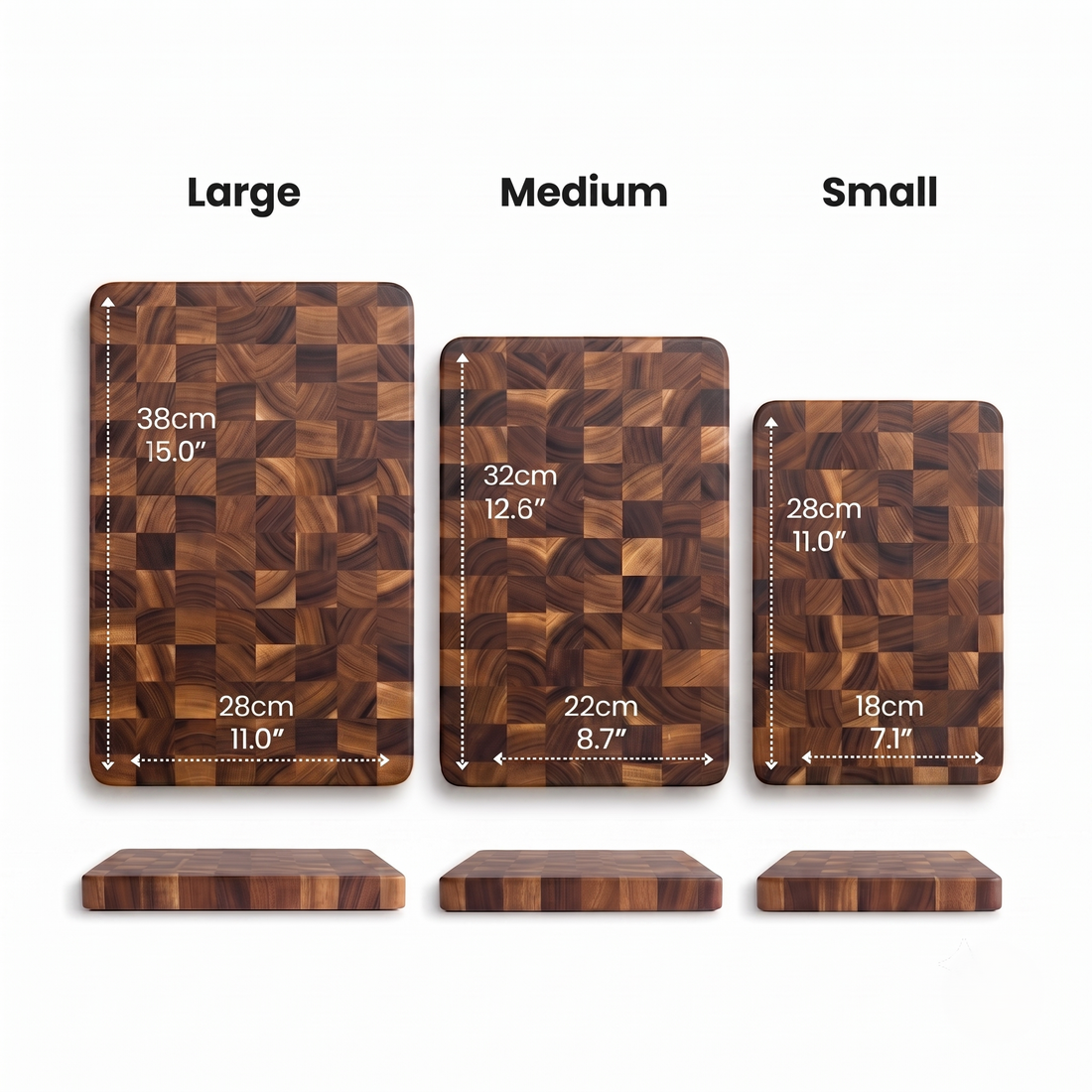 BoardMere acacia cutting board sizes and dimensions in cm and inches