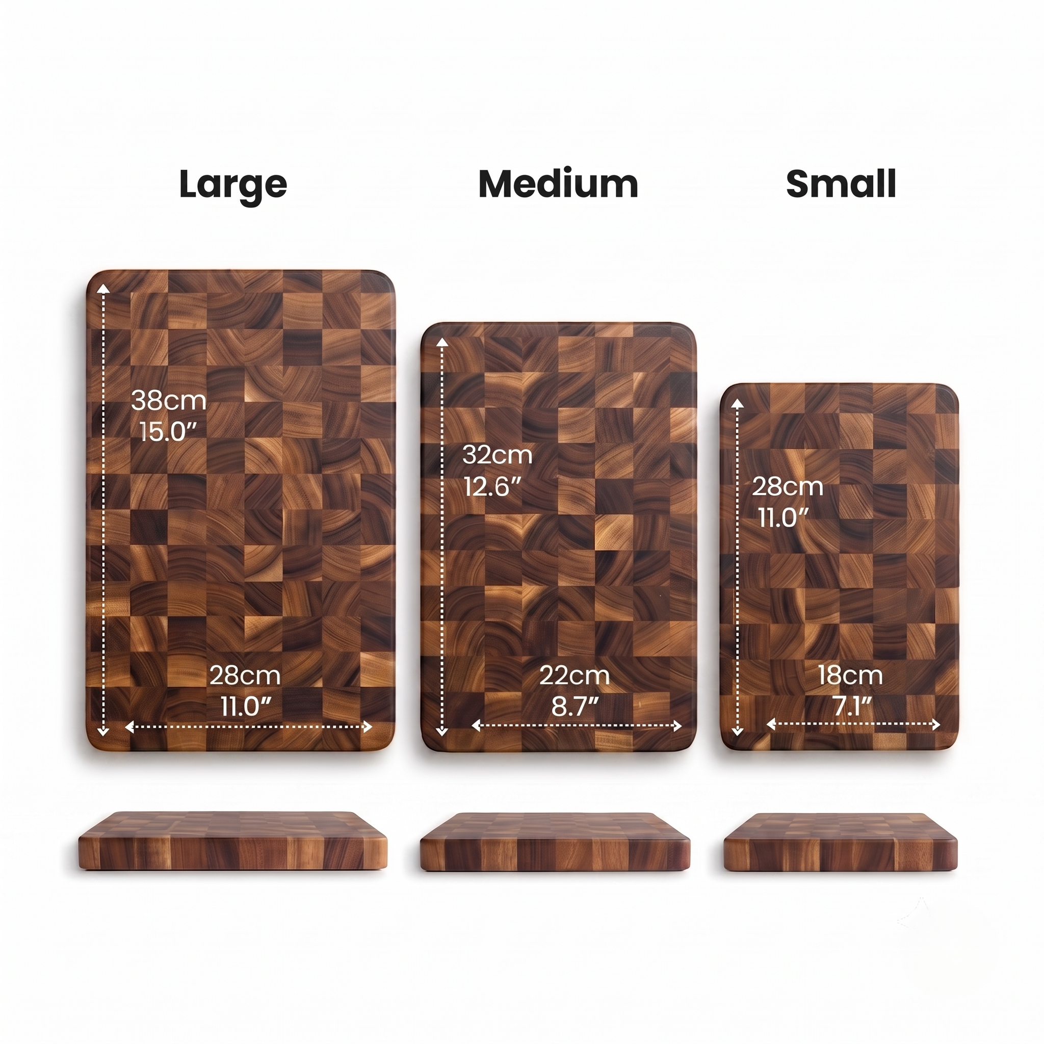 BoardMere acacia cutting board sizes and dimensions in cm and inches