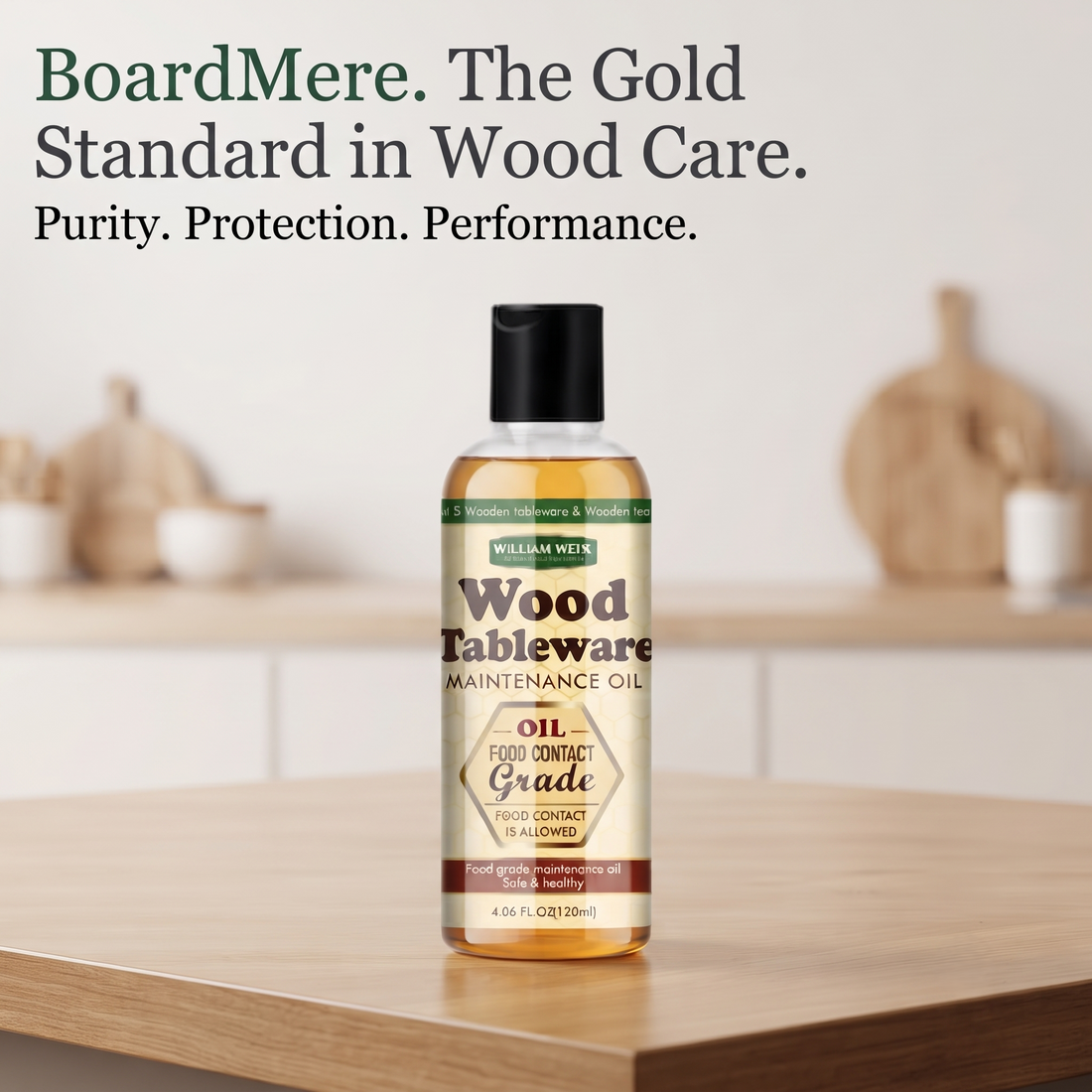 BoardMere food-grade wood care oil bottle on a kitchen counter