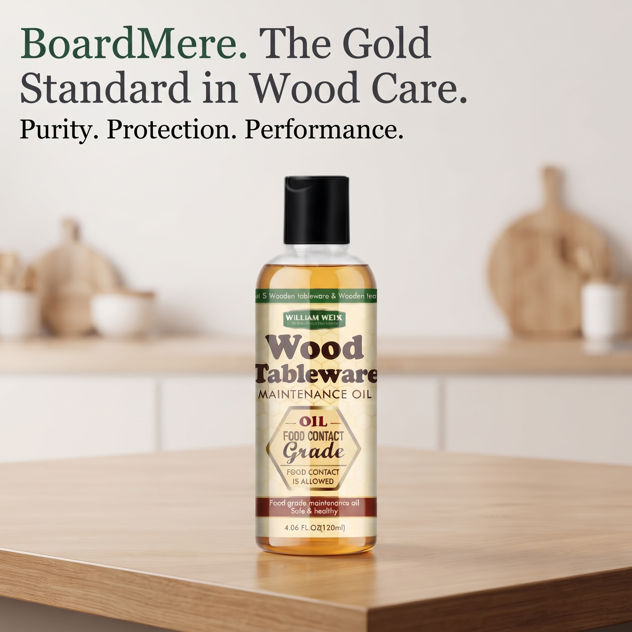 BoardMere food-grade wood care oil bottle on a kitchen counter