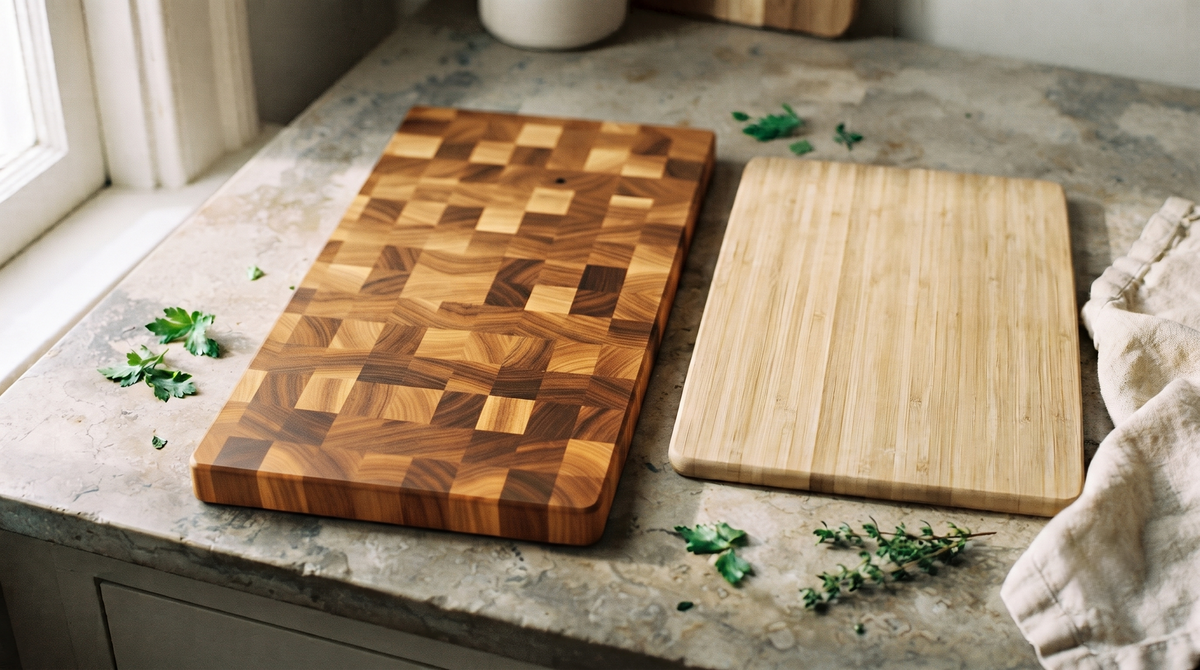 An acacia wood cutting board next to a bamboo cutting board, side by side