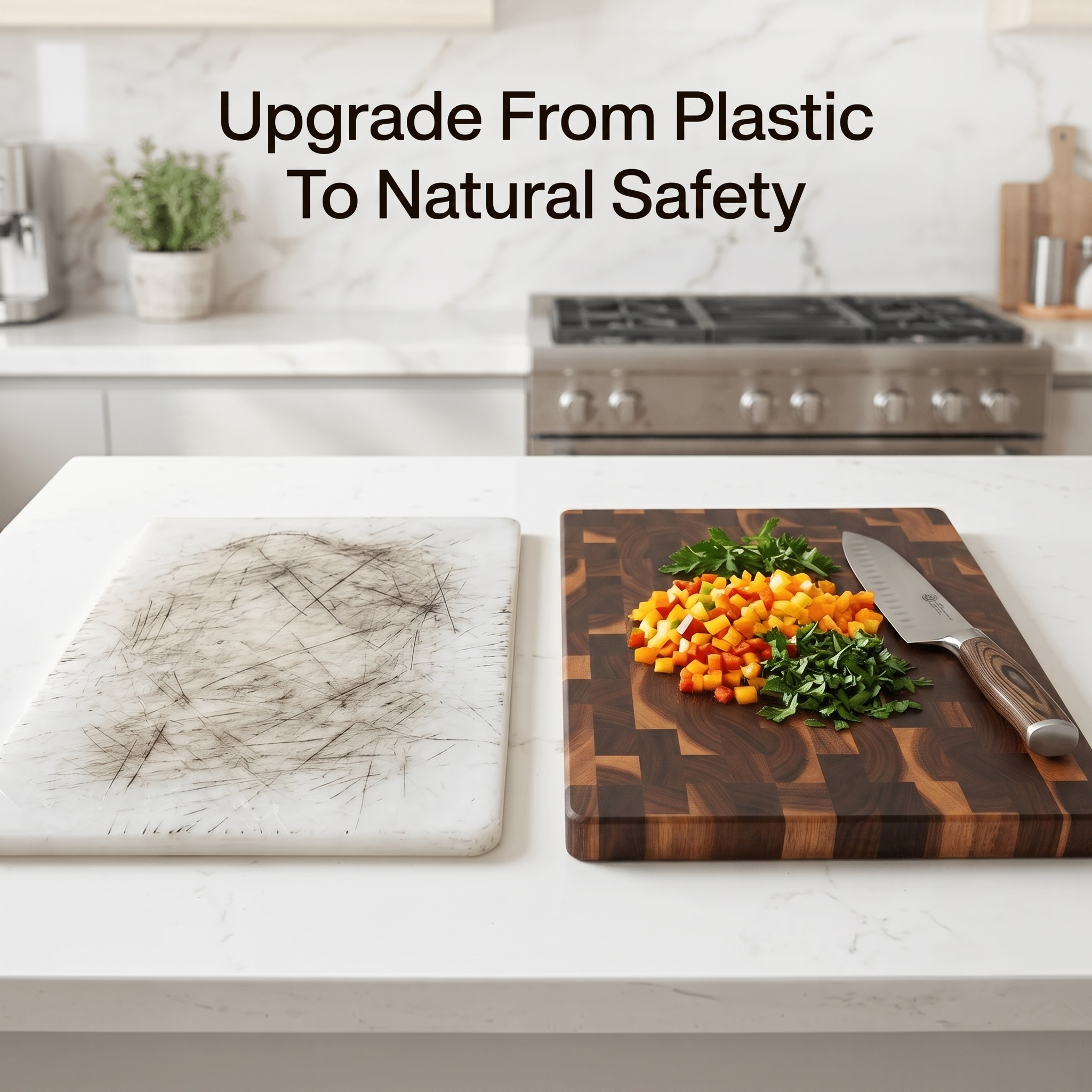 Plastic kitchenware next to solid acacia wood, illustrating the plastic-free swap