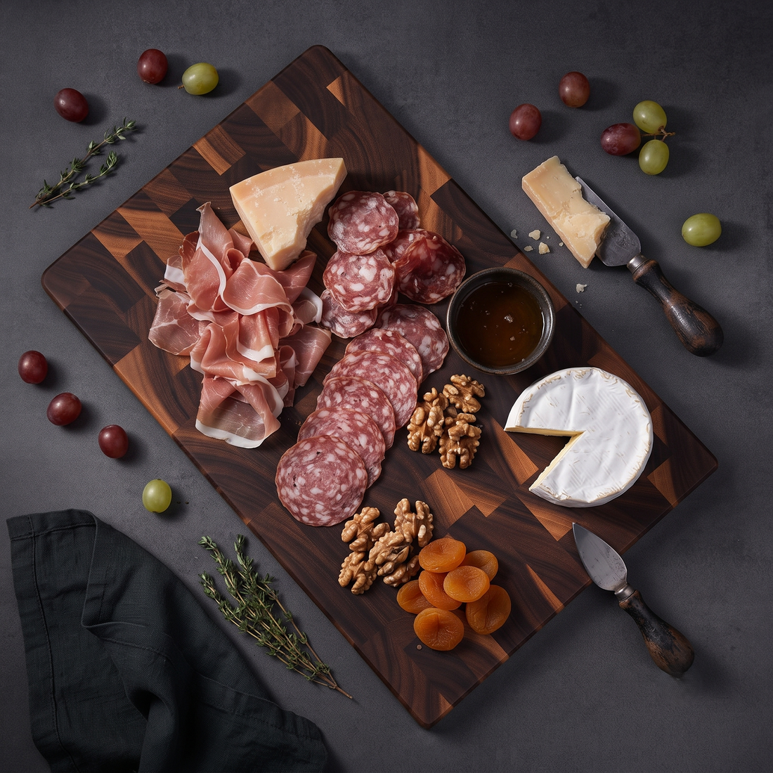 Non-toxic solid acacia cutting board styled in a modern kitchen