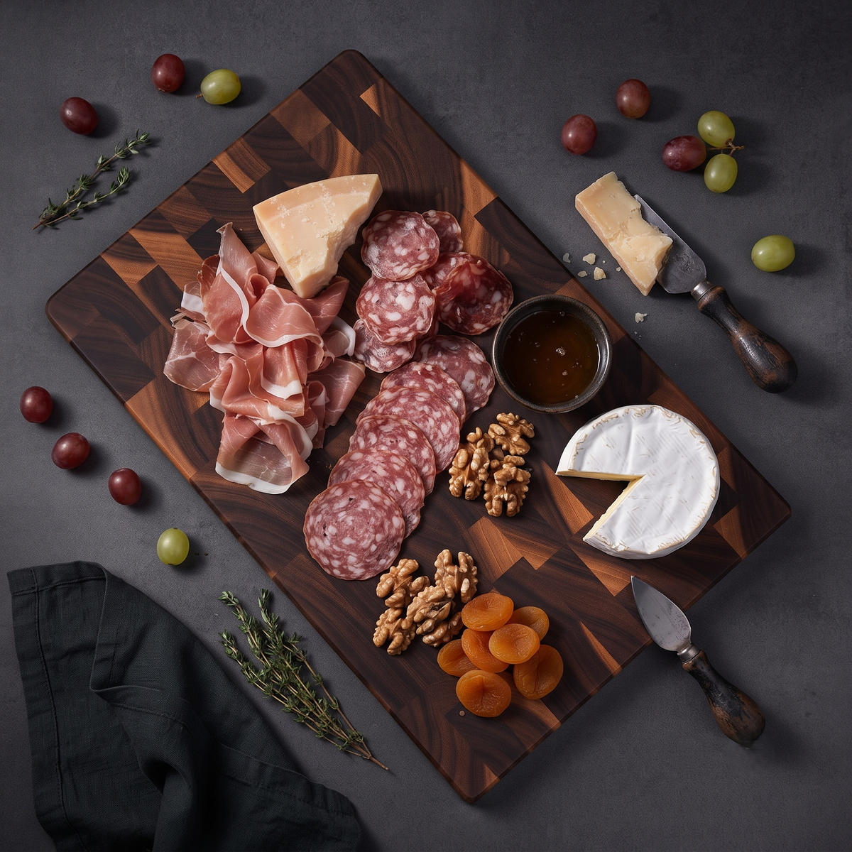 Non-toxic solid acacia cutting board styled in a modern kitchen