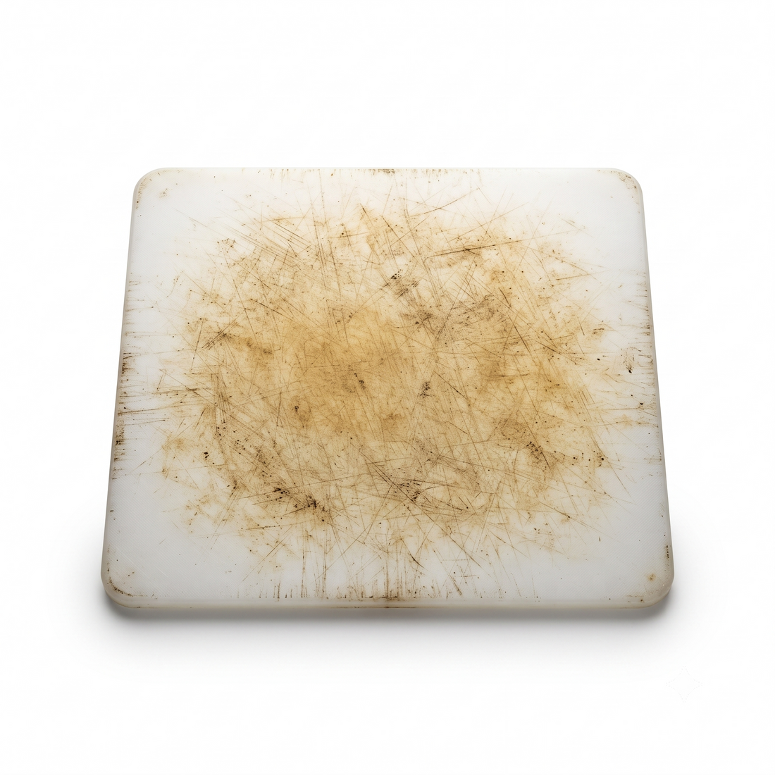 A worn, deeply scratched plastic cutting board shedding microplastics