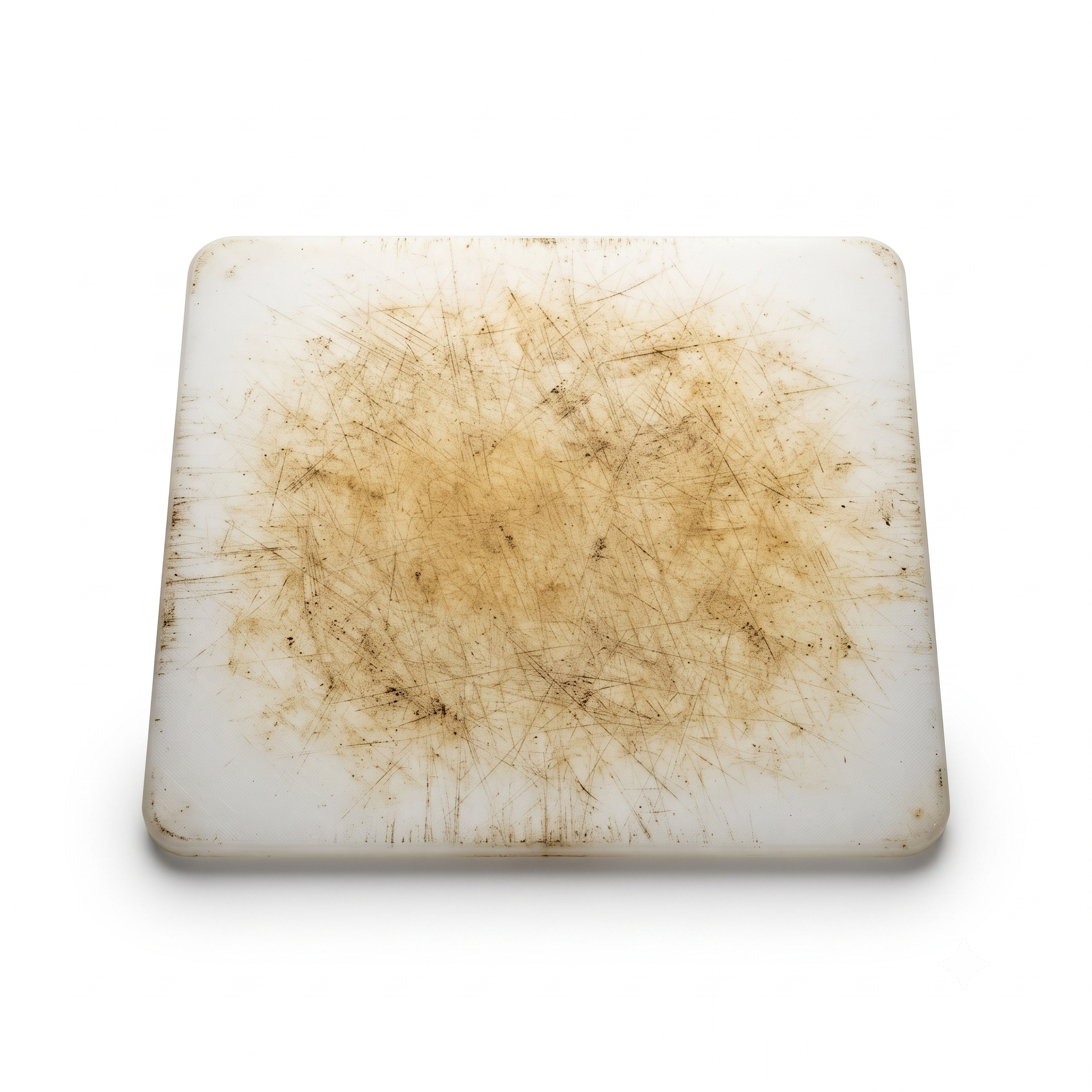 A worn, deeply scratched plastic cutting board shedding microplastics
