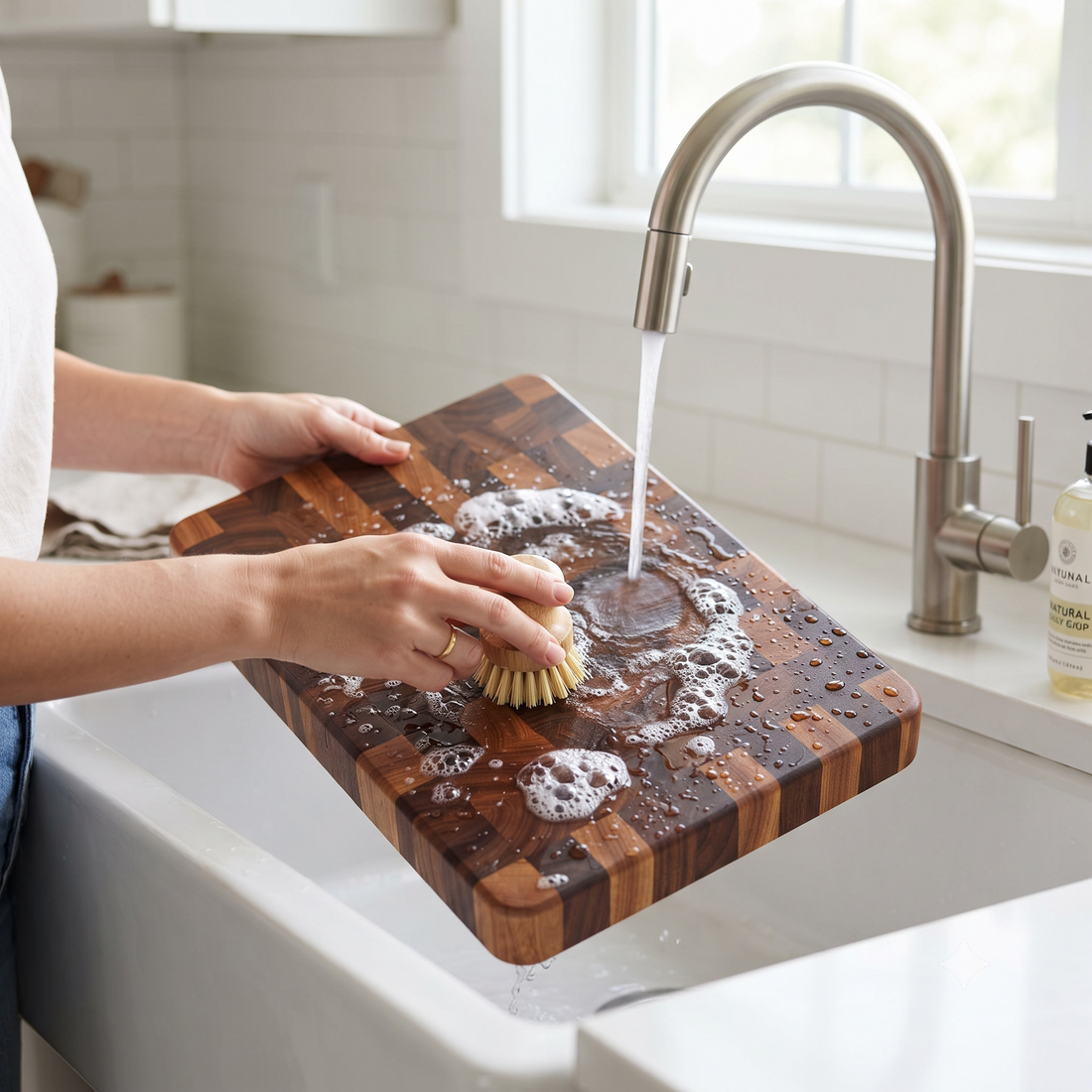 Cleaning an acacia wood cutting board with soap and water