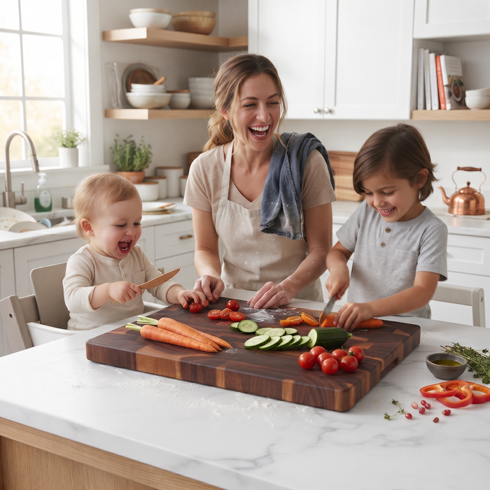 Acacia cutting board with fresh food