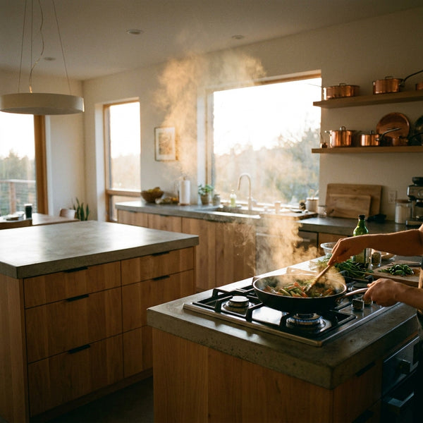 Smoke rising from a pan in a kitchen